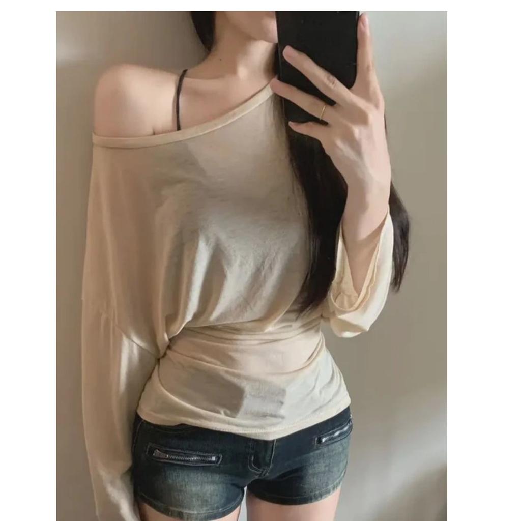 apricot sunscreen blouse tulle top women's summer new straps hollow pure wind off-the-shoulder air conditioner shirt