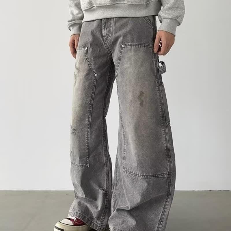 Mens Washed Grey Denim Jeans Loose Straight Fit Vintage Streetwear Wide Leg Trousers
