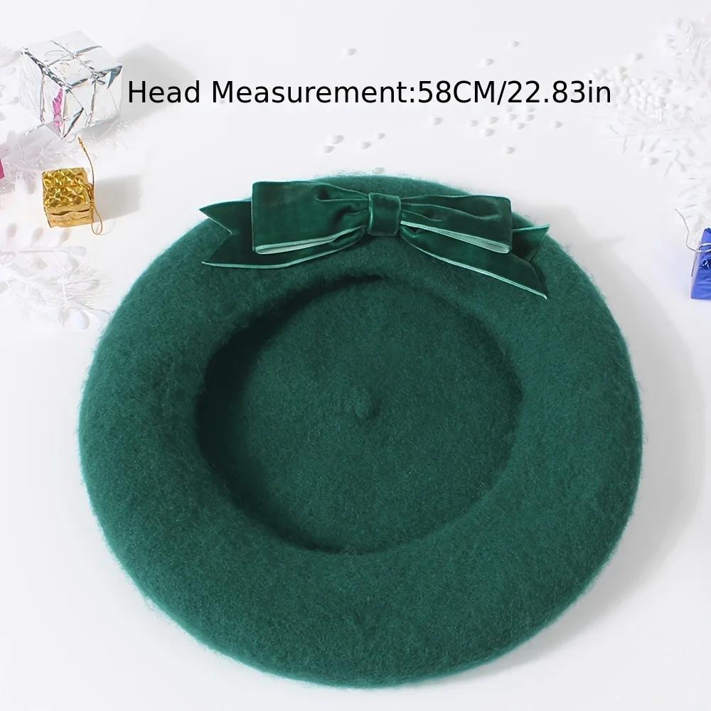 Elegant Dark Green Wool Beret with Large Bow Vintage Inspired Painter Cap for Women Perfect for Parties Trendy Outfits