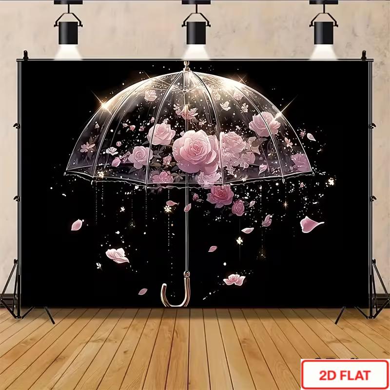 2D Dreamy Floral Backdrop Transparent Umbrella Filled with Pink Roses & Glitter Themed Party Background