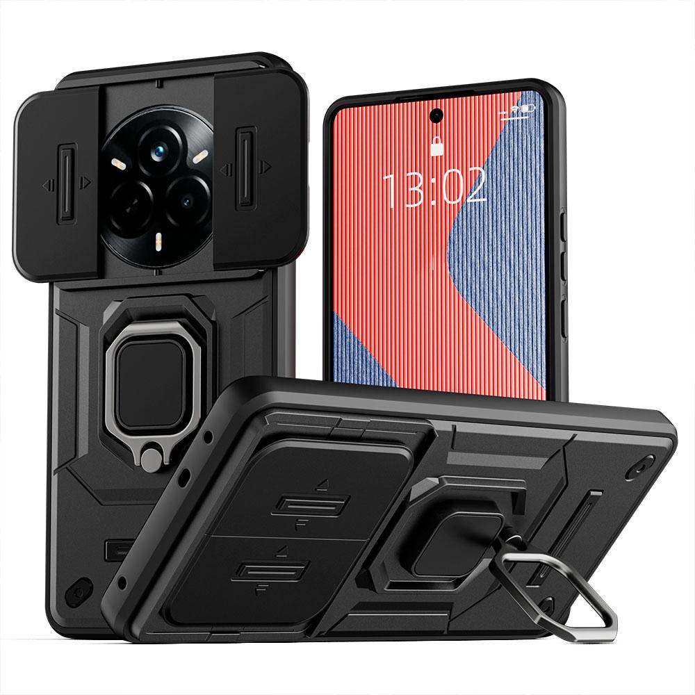 KEYSION Stoßfeste Hülle für Realme 14 Pro+5G Schiebekamera-Schutz Metallring-Ständer Handy-Rückabdeckung für OPPO Realme 14 Pro 5G