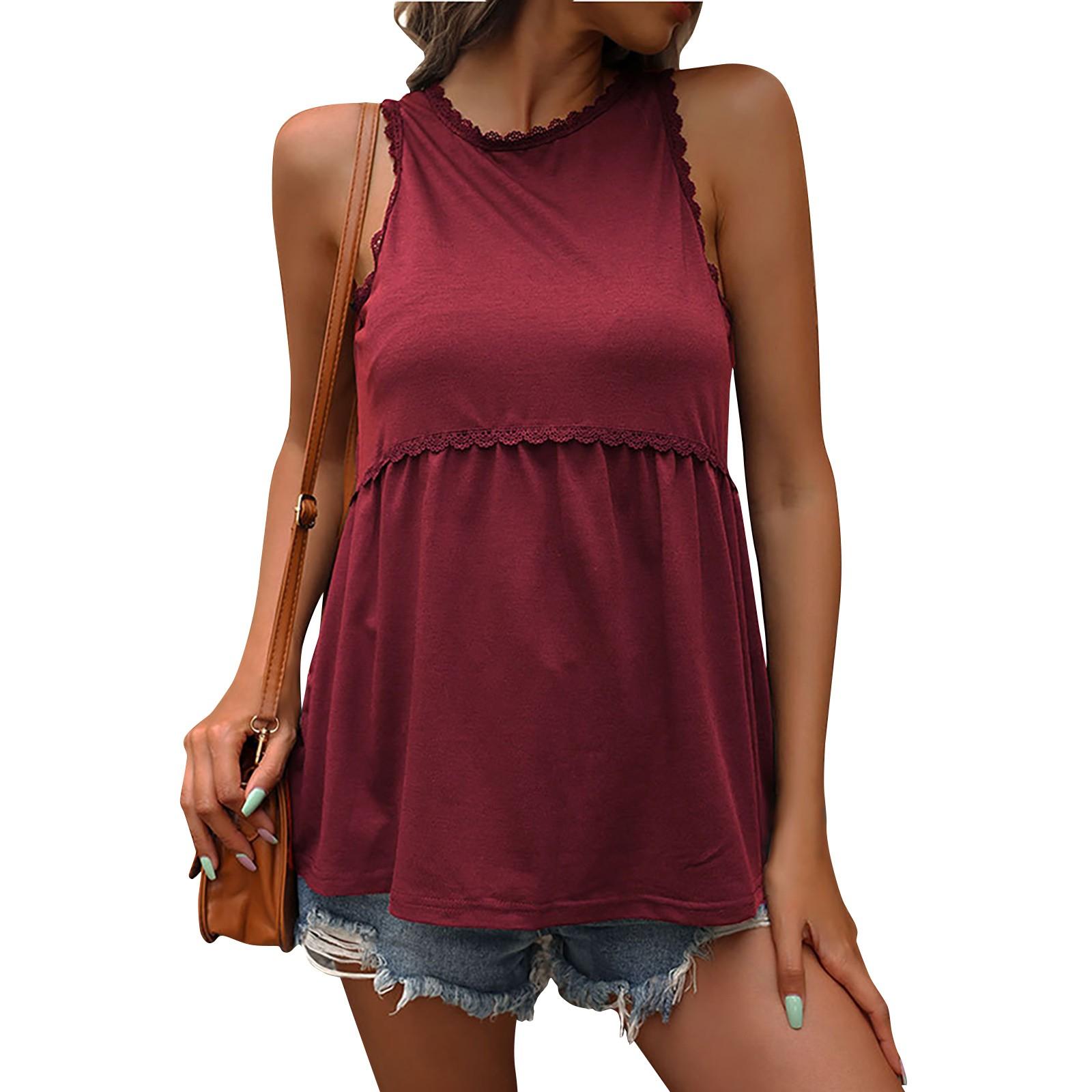 

Новый летний повседневный топ без рукавов в европейском и американском стиле Babydoll, кружевной жилет без рукавов для женщин XL винный