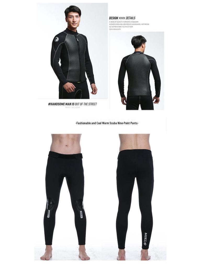 2,5 mm Herren Leder Split Neoprenanzug: Warme, Kältefeste Jacke & Sonnengeschützte Lange Hose mit Reißverschluss- & Klettverschluss-Anpassungen