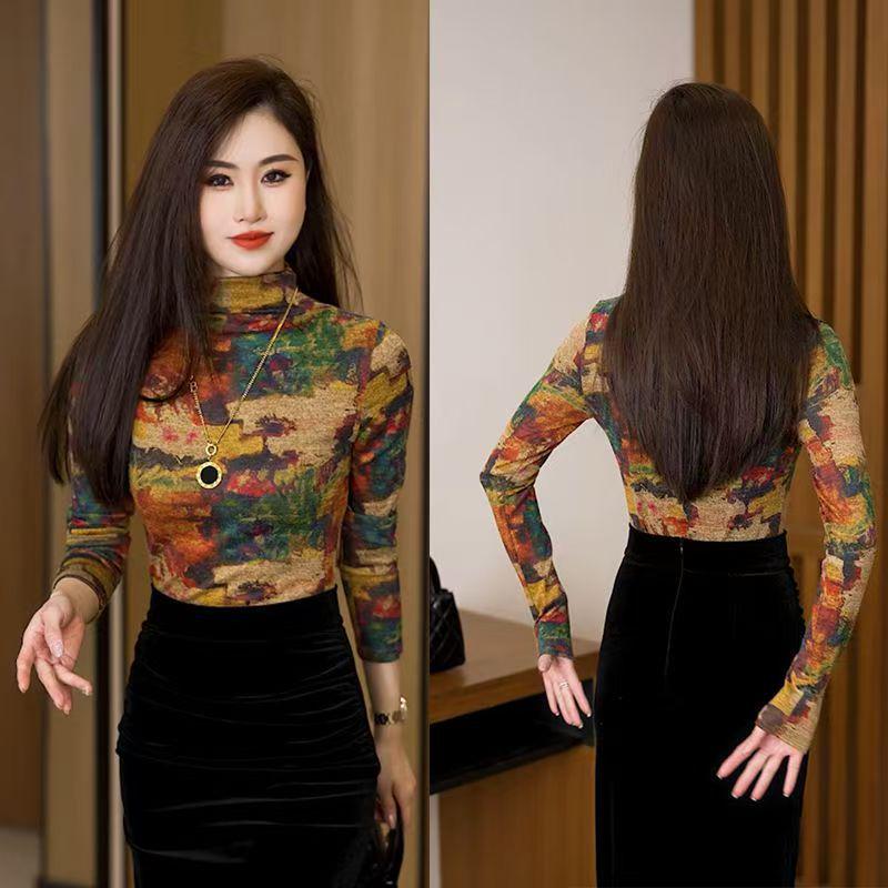 Autumn/Winter Floral Print Long Sleeve Slimming Elegant High Collar Top for Women