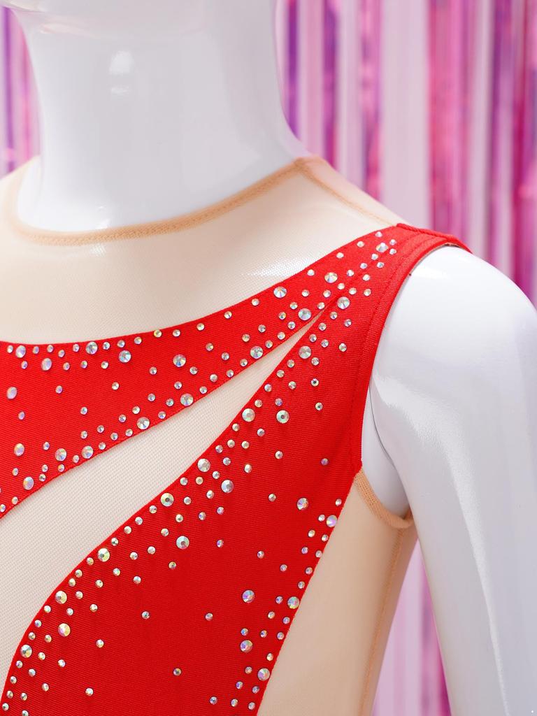 Kids Sparkly Rhinestone Embellished Sheer Mesh Leotard Paired with V Front Shorts and Headpiece for Dance