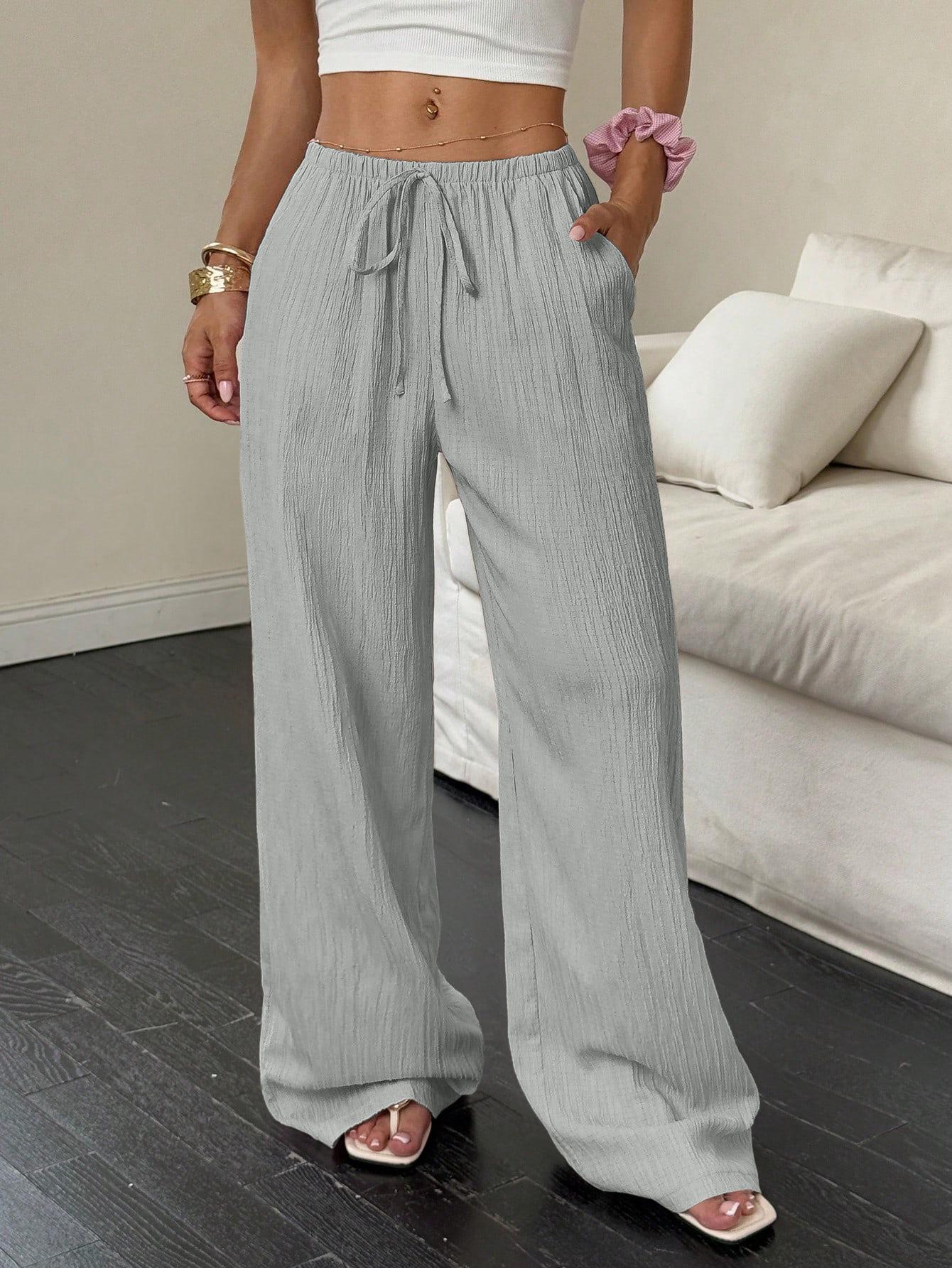 

2026 Summer Women s Casual Textured Wide-Leg Pants with Knotted Waist and Slant Pockets S