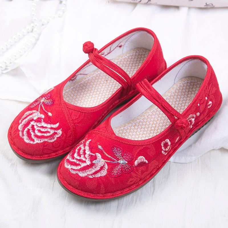 New spring cloth shoes women's fashion Hanfu flat-soled handmade embroidered shoes middle-aged mother soft-soled shoes