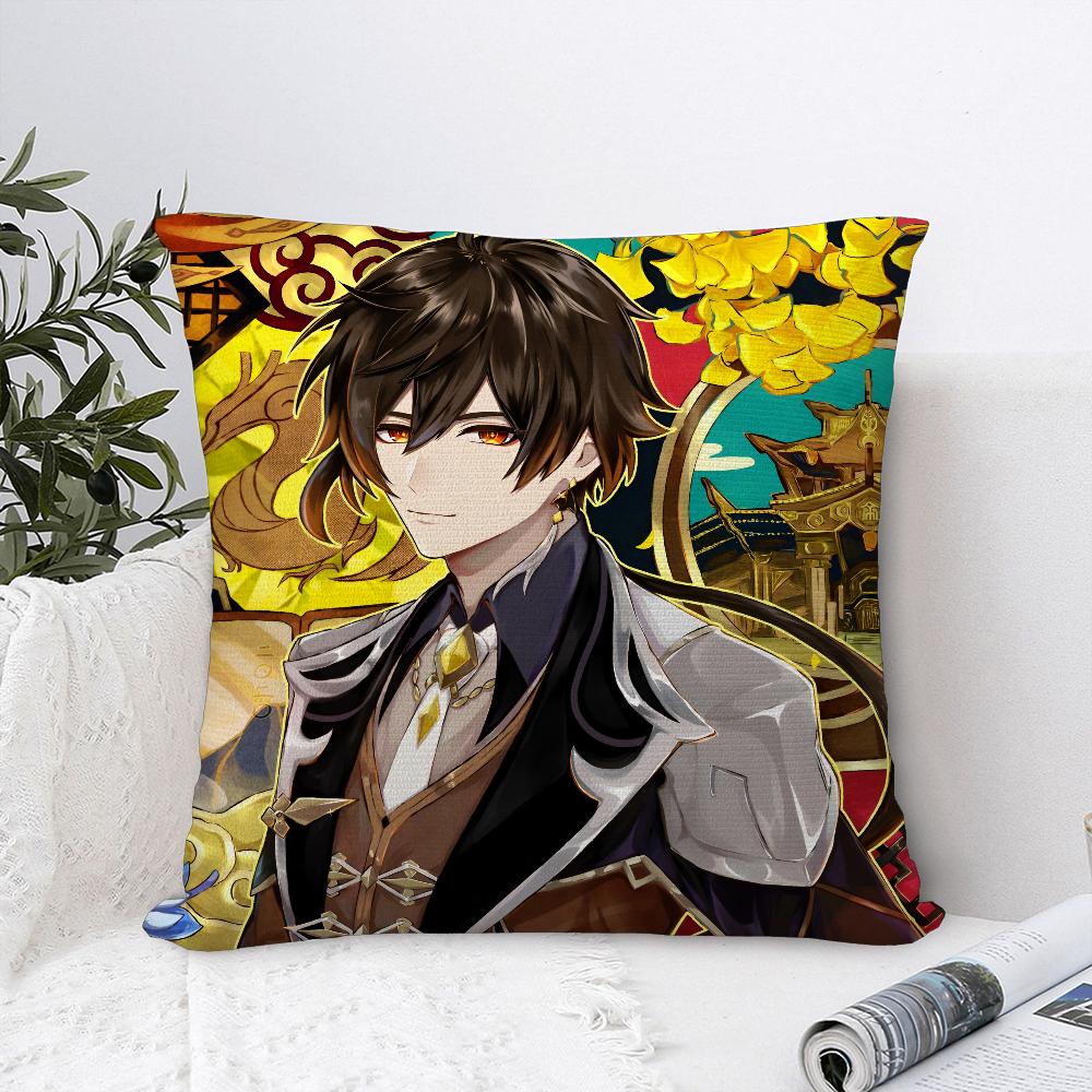 Zhongli Genshin Impact Pillow Case Sofa Decorative Home Double-Sided Printing Short Plush Cushion Cover Throw Pillow Cover