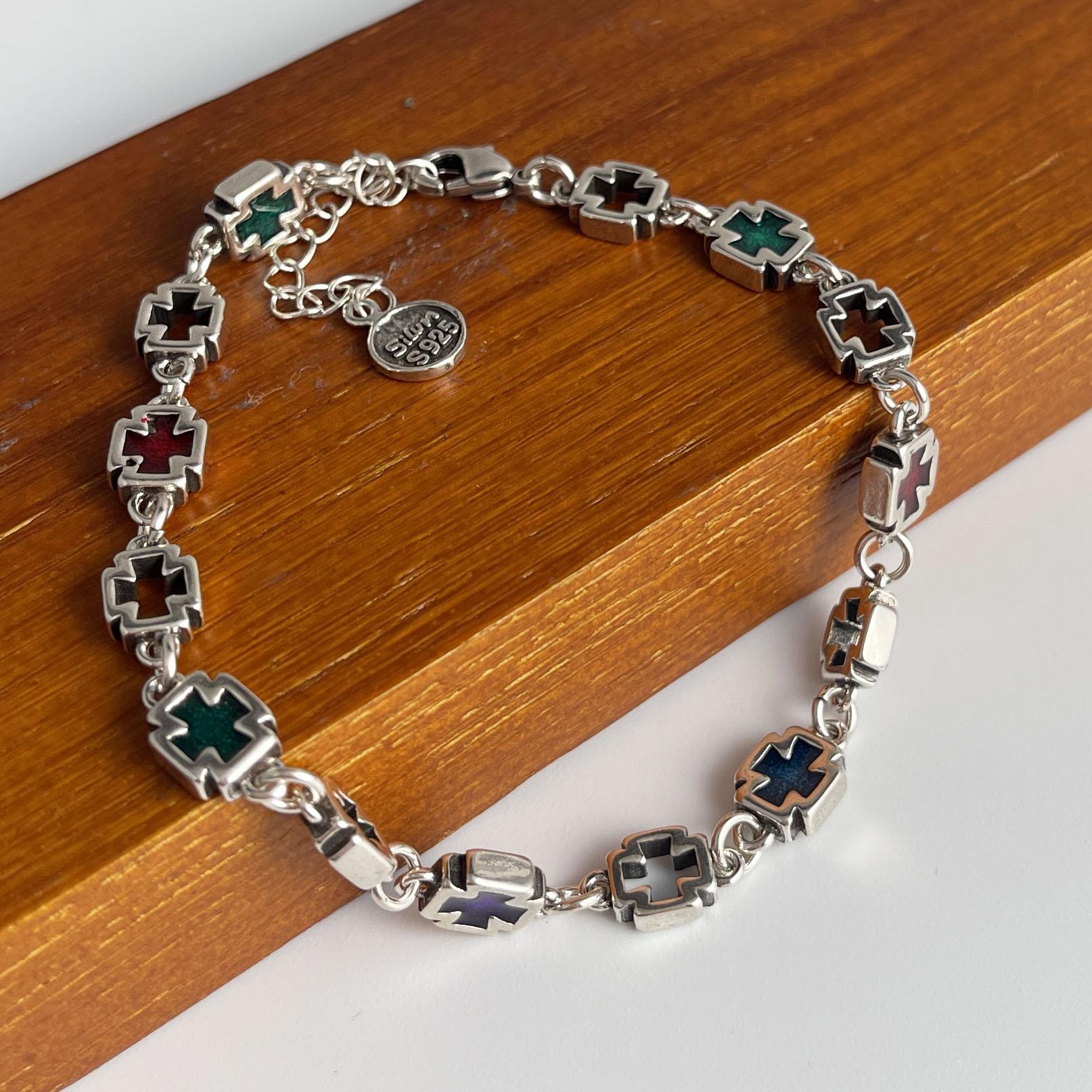 

100% Solid 925 Sterling Silver Retro Bracelet for Women Men Vintage Handmade Cross CZ Rerto Bracelet Birthday Gift