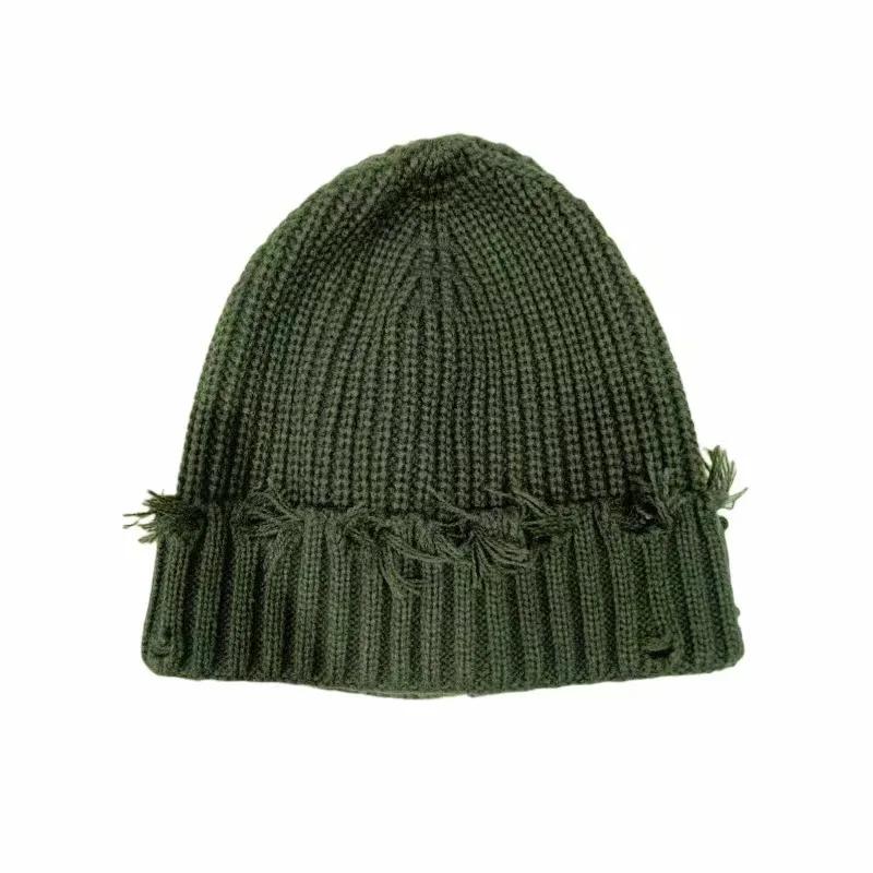 2025 New Fall and Winter Hip Hop Trend Broken Brim Knitted Hat Woman Man Green Grey Black White Hole Cap Warm Hat Bonnets Fall