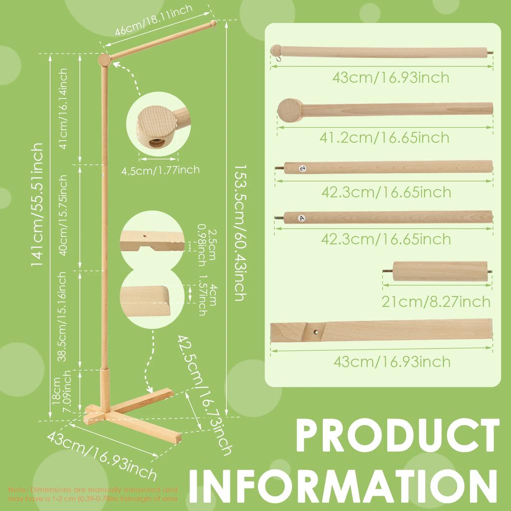 1 Pc Wooden Floor Standing Crib Mobile Arm 153.5 cm Crib Mobile Bed Bell Wooden Bracket for Hanging Bed Bell and Baby Bed Toys