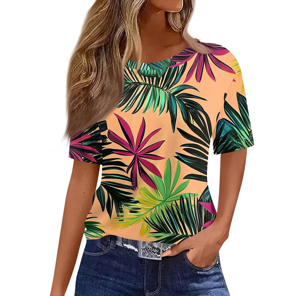 Damski modny, swobodny, krótki rękaw, nadruk, okrągły dekolt, bluzka typu pullover