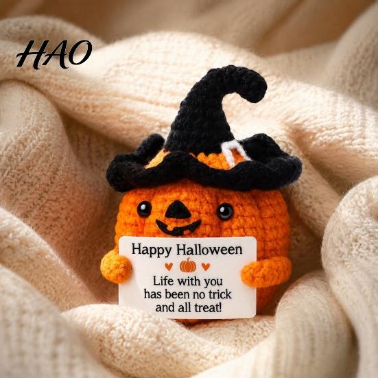 Decorative Pumpkin for Shelves Handmade Crochet Positive with Witch Hat, Fall Boo Basket Stuffer, Cute Halloween Room Decor Mini Knitted Plush
