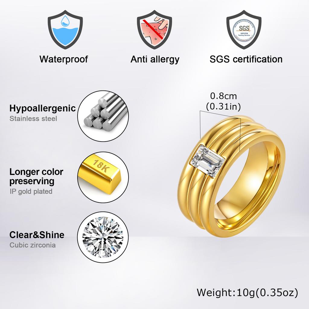Chunky Gold Color Ring for Men Boys,Sparking White AAA CZ Stone Stainless Steel Ring,Stagement Wedding Ring to Him Her