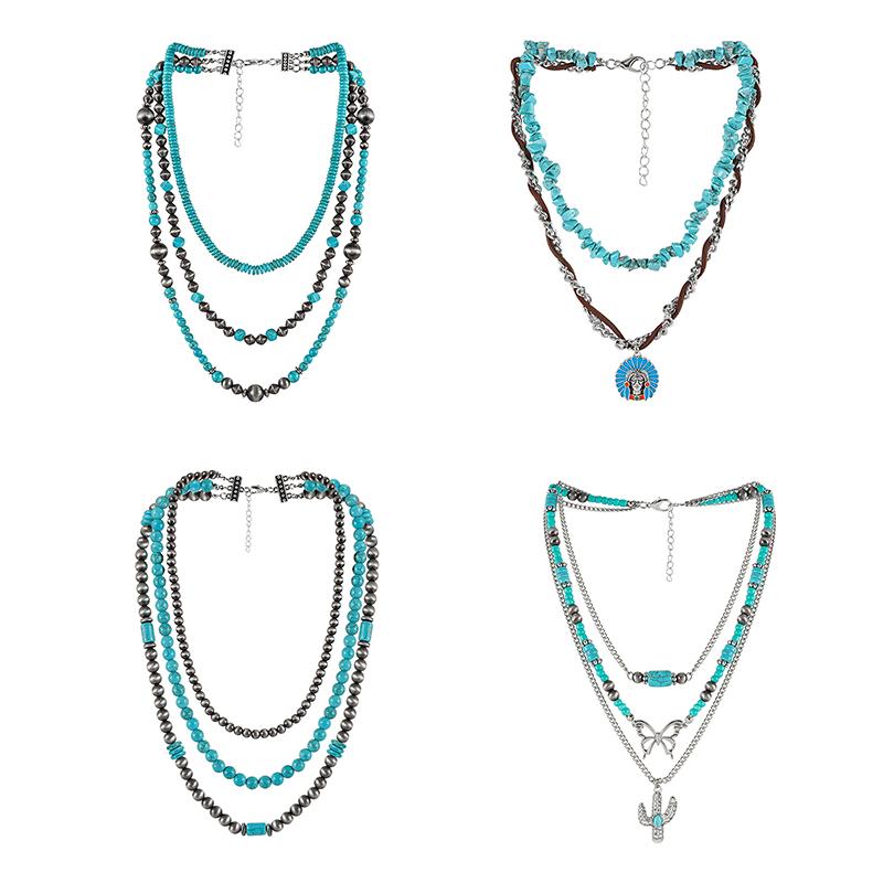 Sommer Perlen Mehrschichtig Türkis Halskette Ethnischer Stil Kaktus Strand Choker Anhänger Retro Westlich Land Halskette Geschenk