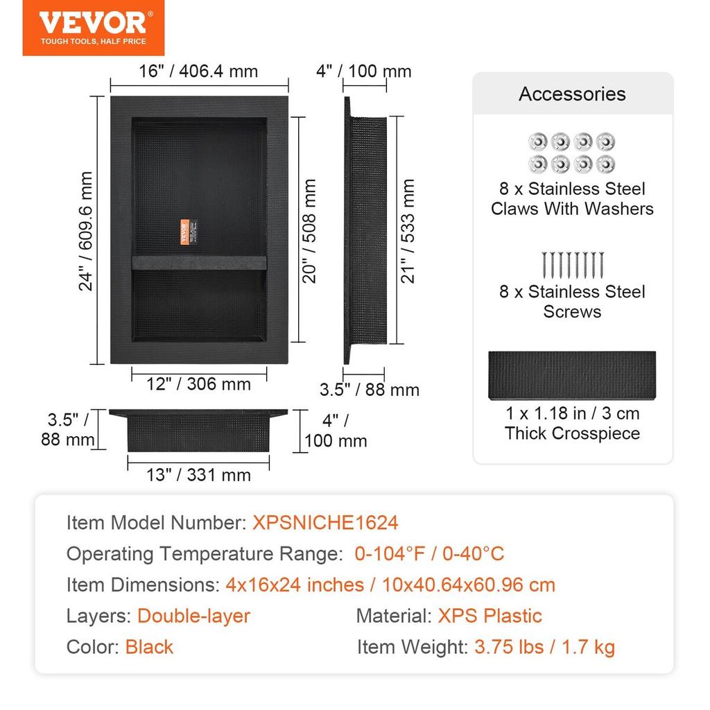 Shower Niche Ready for Tile 40.64 x 60.96 cm, Double Shelf Organizer, Square Corners Wall-inserted Niche Recessed, Sealed Protection Modern Soap