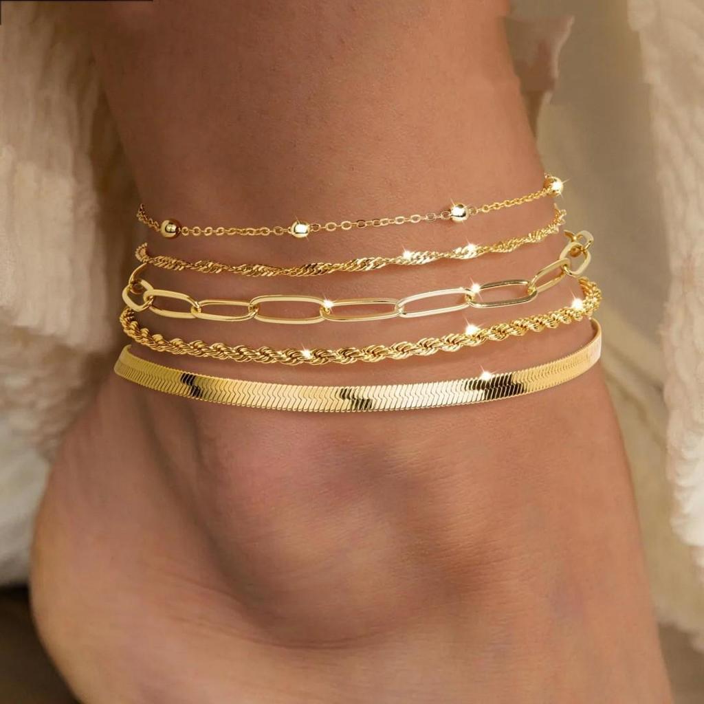 European & American Retro Cuban Link Anklet Set - 5 Pieces