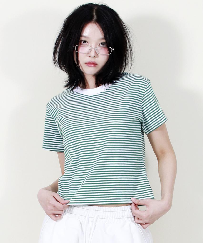 Deumakeu Striped Semi-Crop Short Sleeve T-Shirt Green