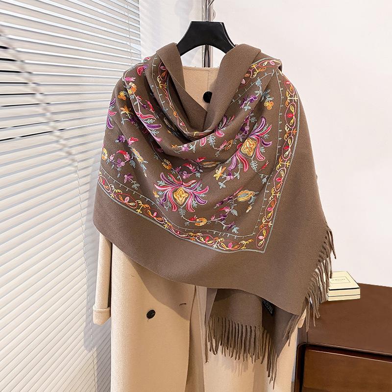 Winter Warm Cashmere Scarf for Women Floral Embroidery Pashmina Blanket Thick Shawl Wrap Neckerchief Elegant Poncho Bufanda