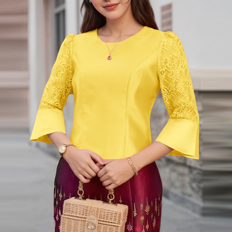 

ZANZEA Женская повседневная блузка с круглым вырезом, кружевной вставкой и рукавами 3/4 2XL жёлтый