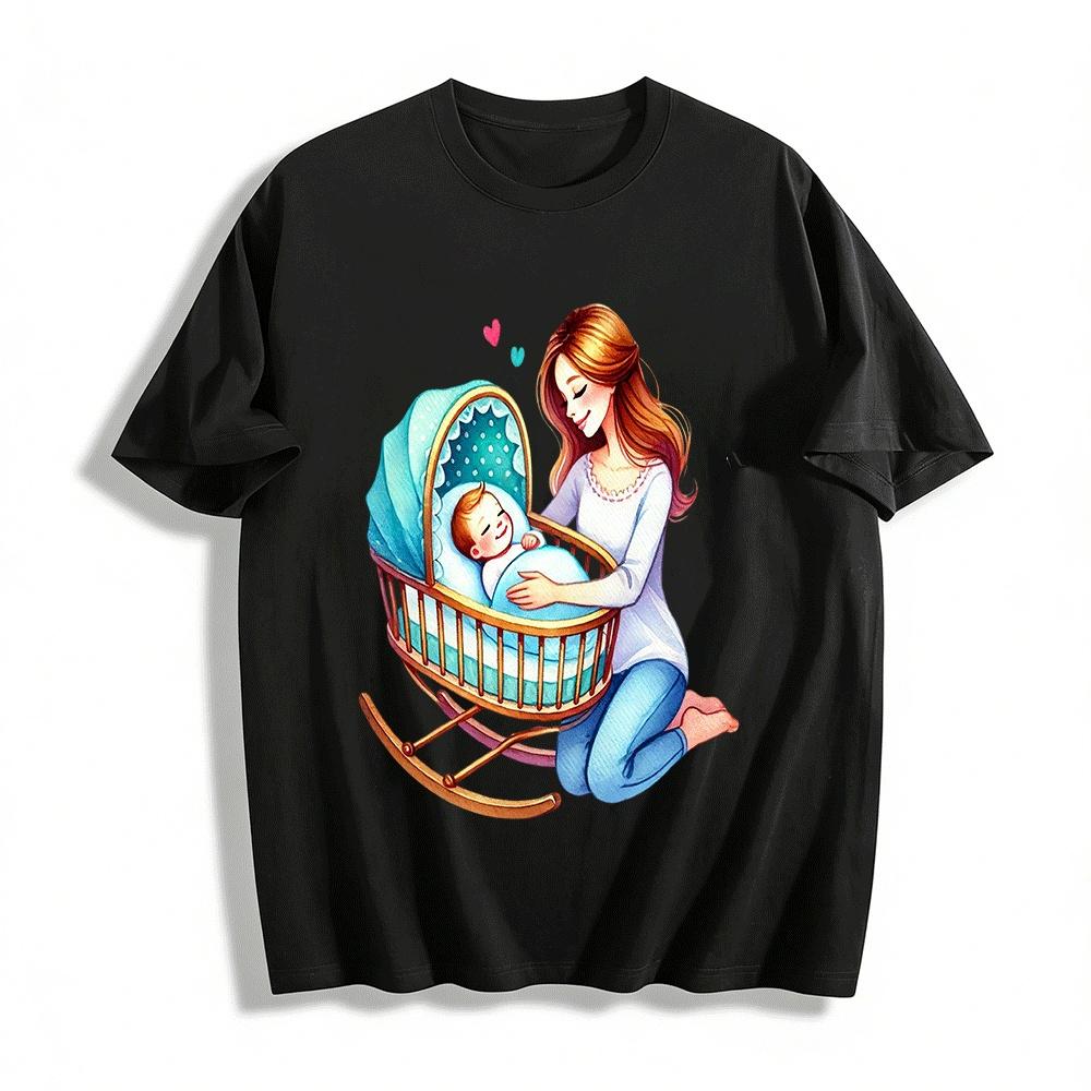 Loving Mom & Sleeping Baby Cradle Print Casual Top Pure cotton T-shirt XXS