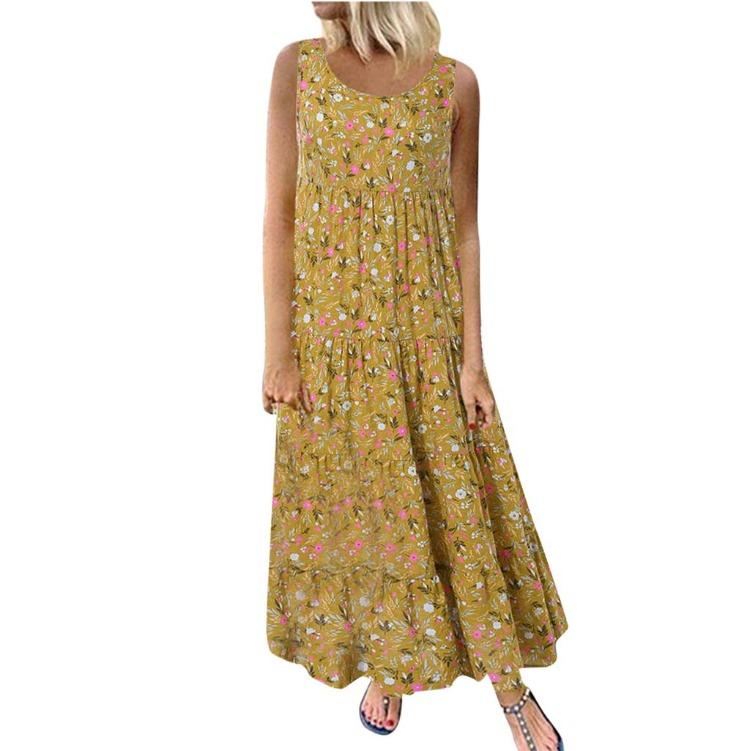 Vestido Maxi Talla Grande para Mujer Estampado Floral de Lino Casual Holgado Sin Mangas Largo Vestido Diario
