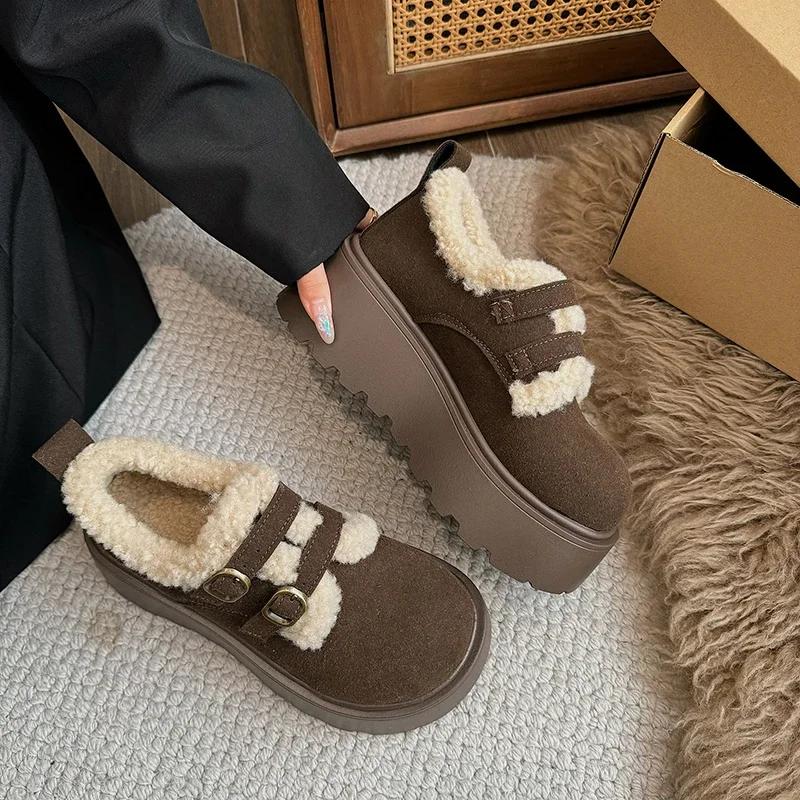 Fashion Women's Thick-soled Loafers Fur Round-toe Casual Sneakers Flat Shoes New Dress Winter Solid Color Keep Warm Breathable Versatile