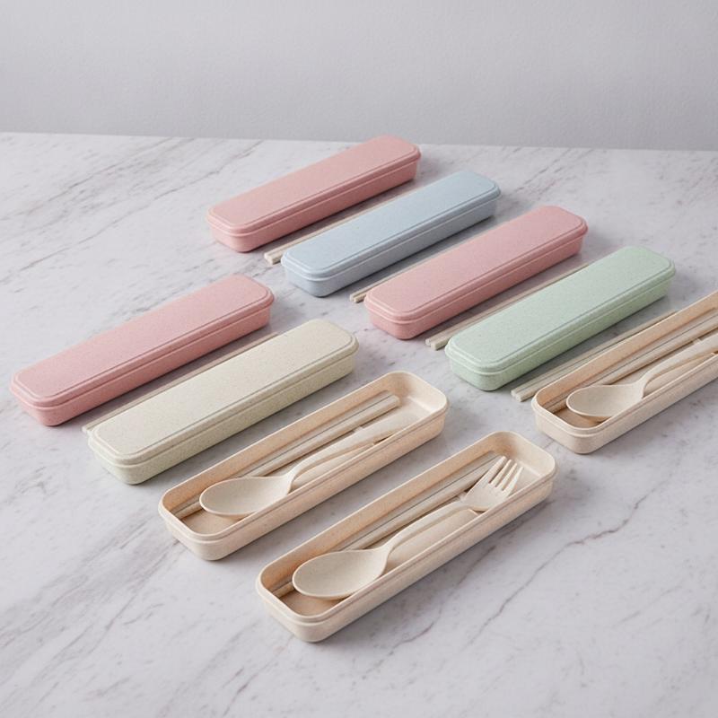 3Pcs/Set Portable Tableware Set Plastic Cutlery Sets Fork Spoon Chopsticks Suit Eco-Friendly Reusable Travel Flatware With Box
