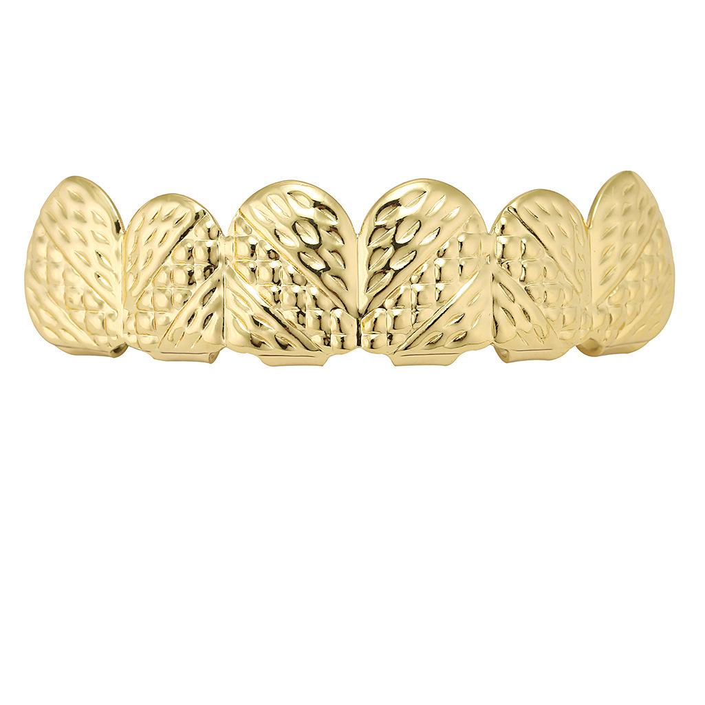 

Carved Plaid Pattern Metal Hip Hop Upper and Lower Teeth Set