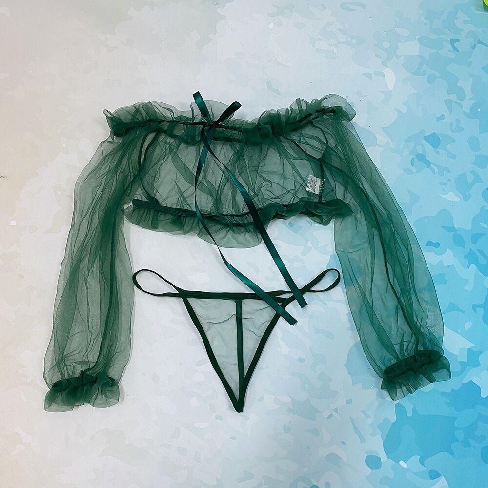 Sexy Dessous, Rüschen, erotisches Tanktop, Nachtwäsche, ausgehöhlt, transparentes Netz, langärmelige, lockere BH-Tops, abgeschnitten, exotische Bekleidung