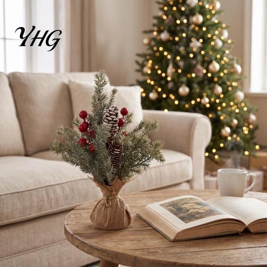 Desktop Holiday Decoration Miniature Christmas Tree with Red Berries, Artificial Mini Pine Burlap Rustic Ornament Base, Tabletop Faux Small Potted for