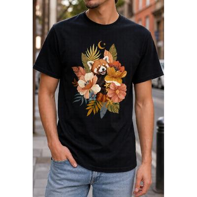 Plus Size - Men's T-Shirt S-5XL Featuring a Red Panda with Tropical Flowers and Moon - a Casual Short-Sleeve Round-Neck Top With a Relaxed Fit,