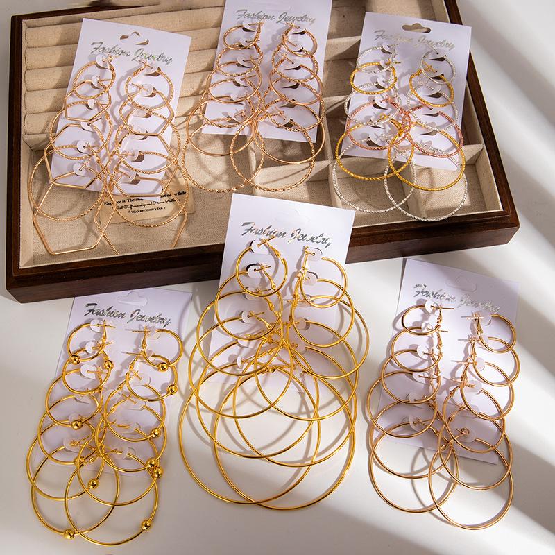 Temperament Fashion Size Circle Earrings Light Luxury Simple Versatile 6-Piece Earring Set Women'S Exaggerated Personality Earrings