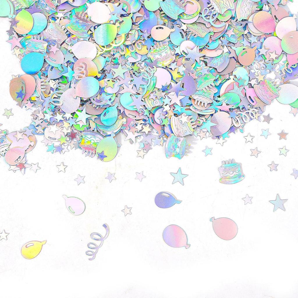 600pcs Birthday Confetti, Metallic Birthday Table Scatter Iridescent Party Confetti for DIY Crafts Cake Balloons Stars Ribbons Shapes Festive Table
