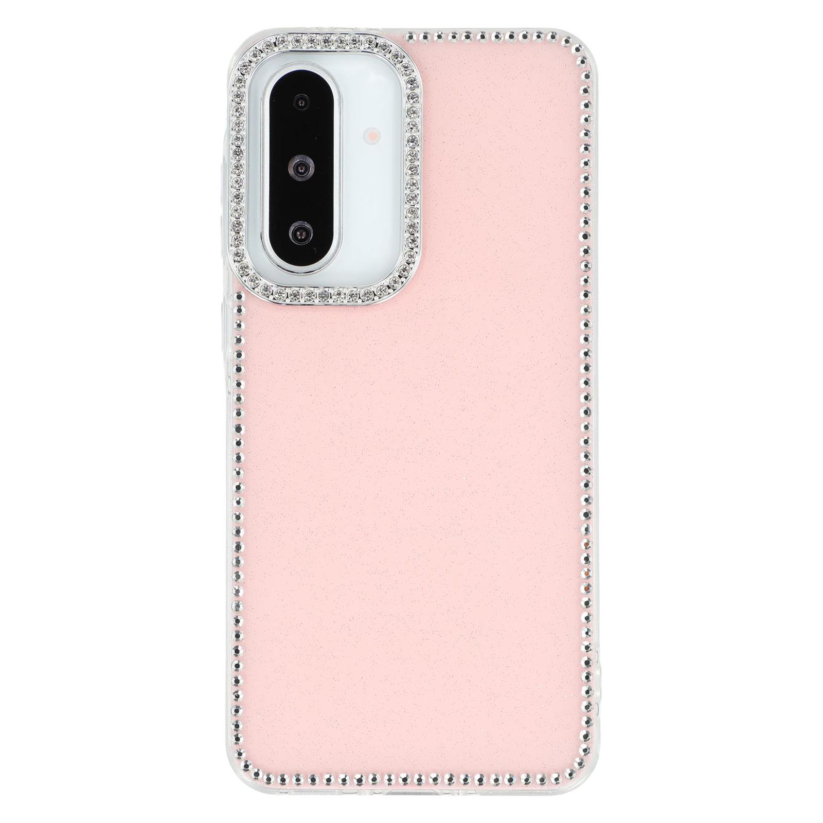 

For Samsung Galaxy A26 5G Case Rhinestone Edge Glitter Back TPU+PC IMD Phone Cover Glitter Light Pink
