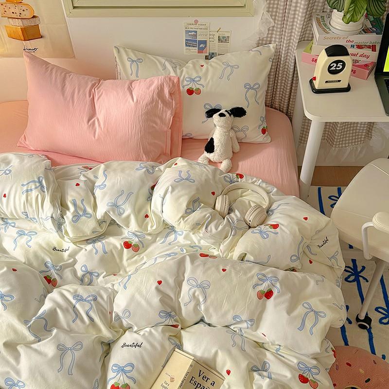 INS Cartoon Pattern Bedding Set For adults kids Fluffy pink lovely Flat Sheet With Pillowcases Colorful King Queen Full size
