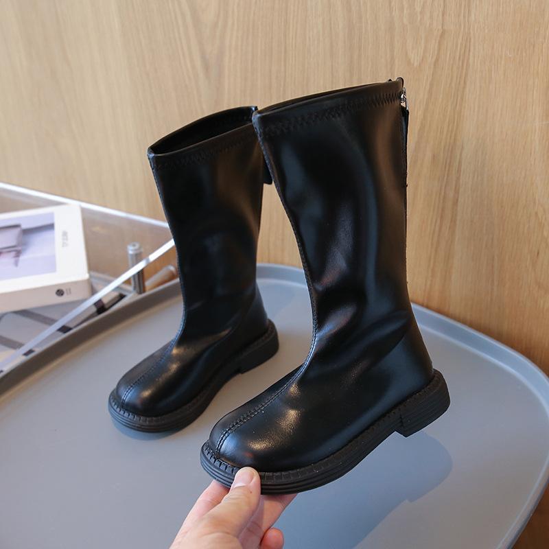 

[Winter Korean Kids Martin Boots Flee Lined Tall Boots Prinss Zip Back Leather Boots for Girls] Size 30 чорний