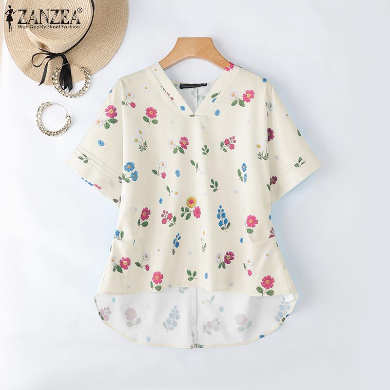 ZANZEA Women Summer V-Neck Casual Short Sleeve Irregular Floral Print Blouse