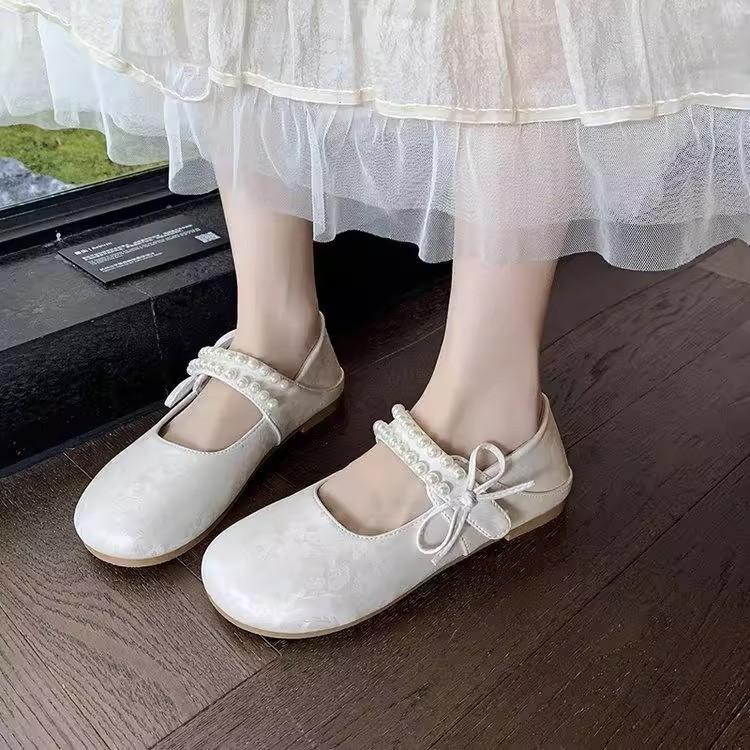 French pearl bow Mary Jane shoes women's 2025 new versatile skirt single shoes gentle wind ballet shoes
