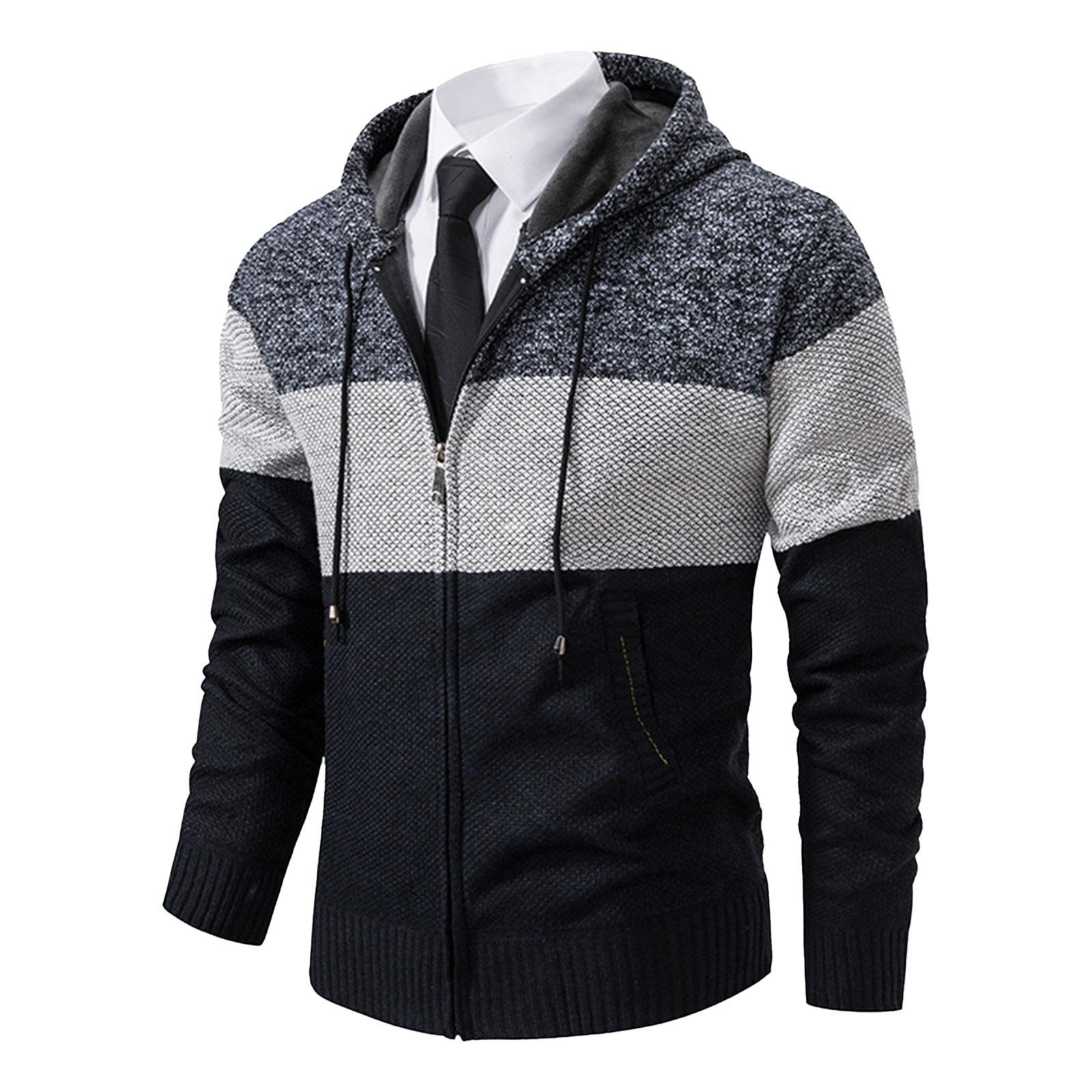 

Мужской свитер с цветными блоками и толстым бархатом, повседневный вязаный свитер, модная куртка с капюшоном для мужчин XXXL тёмно-синий