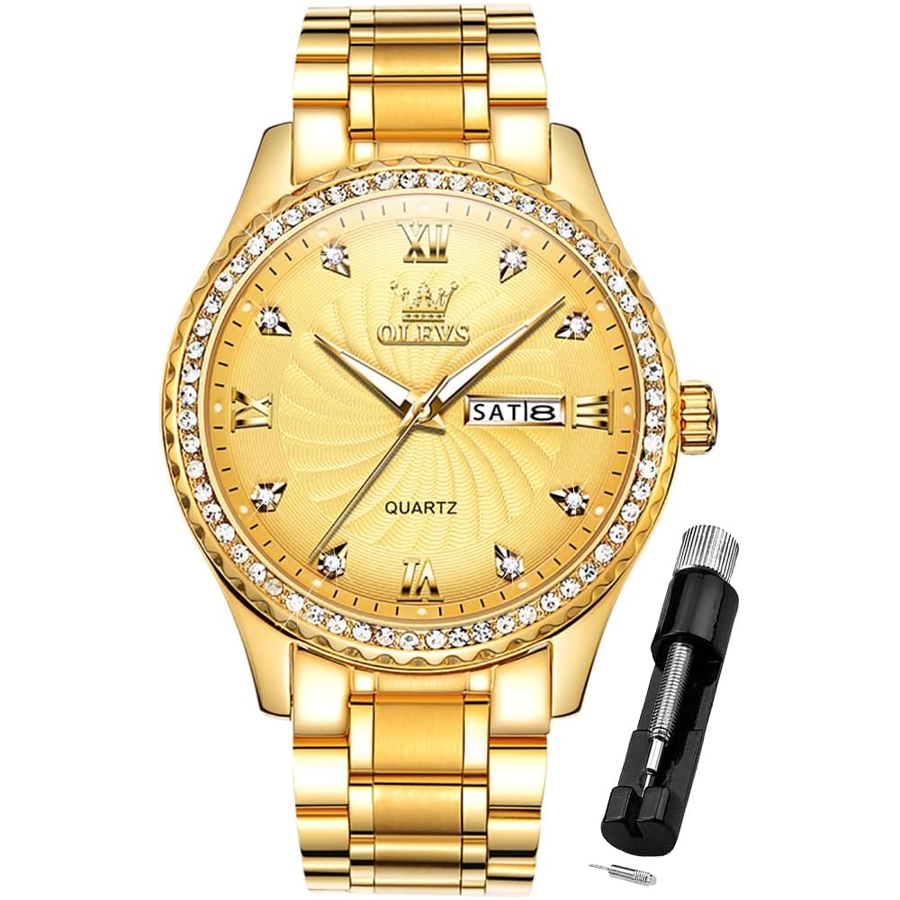 OLEVS Men s Chronograph Business Dress Watch Gold Stainless Steel Waterproof Date Display 40mm Quartz Watch