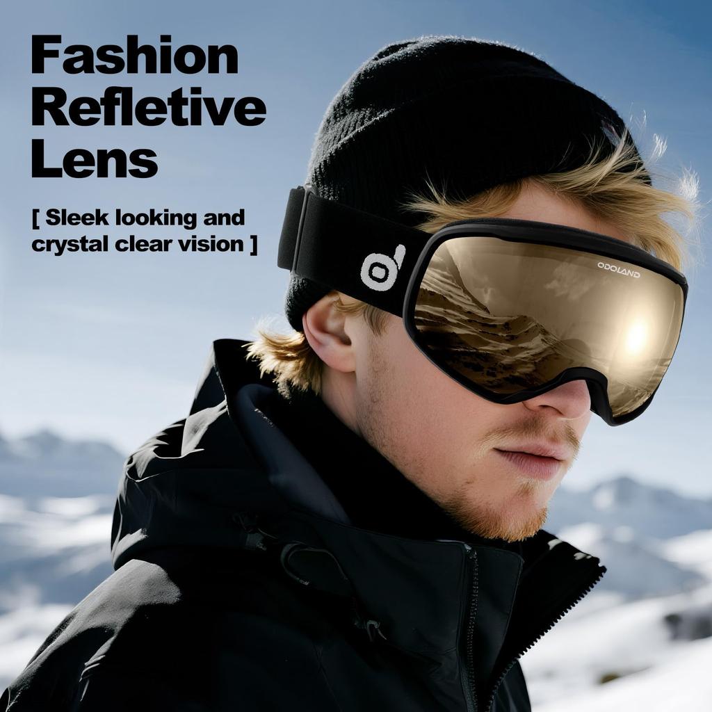Odoland Photochromic Snow Goggles with Mirror OTG Glasses UV400 Automatic Impact Adult Size Color-Changing Lenses, Anti-Fog, Compatible, Protection,