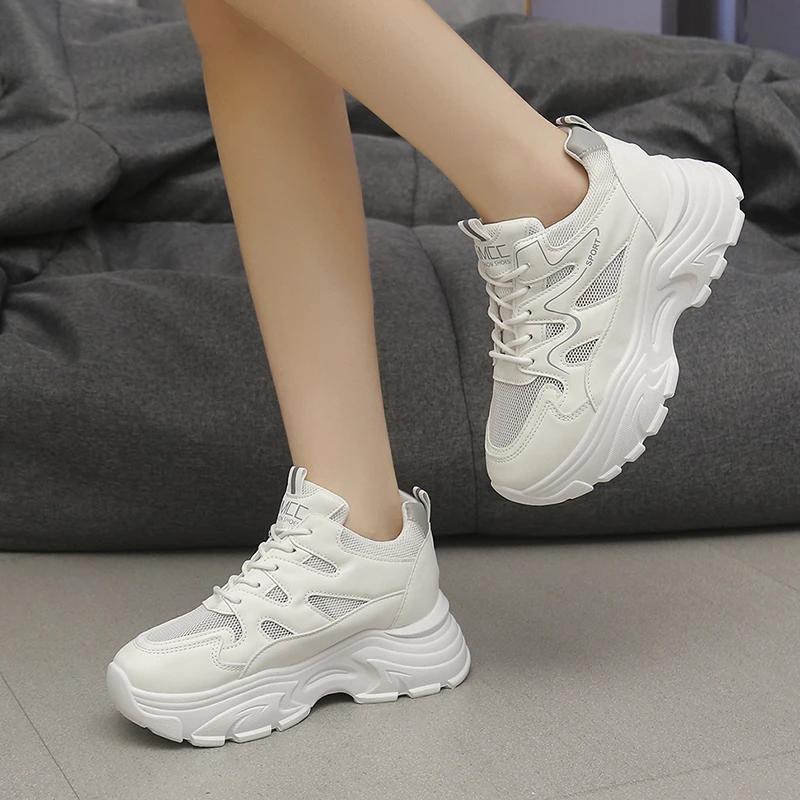 Fashion Hot Selling 2025 Casual Women Thick-soled Sneakers Fashion Spring Autumn  PU Lace-up Vulcanized Shoes Mesh Rubber Non-slip New