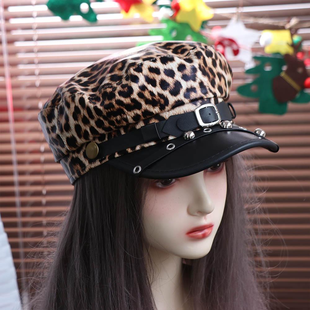 Sex Y2k Beret Hat Harajuku Flat Top Cap Retro Rivet Leopard Hat  for Girls