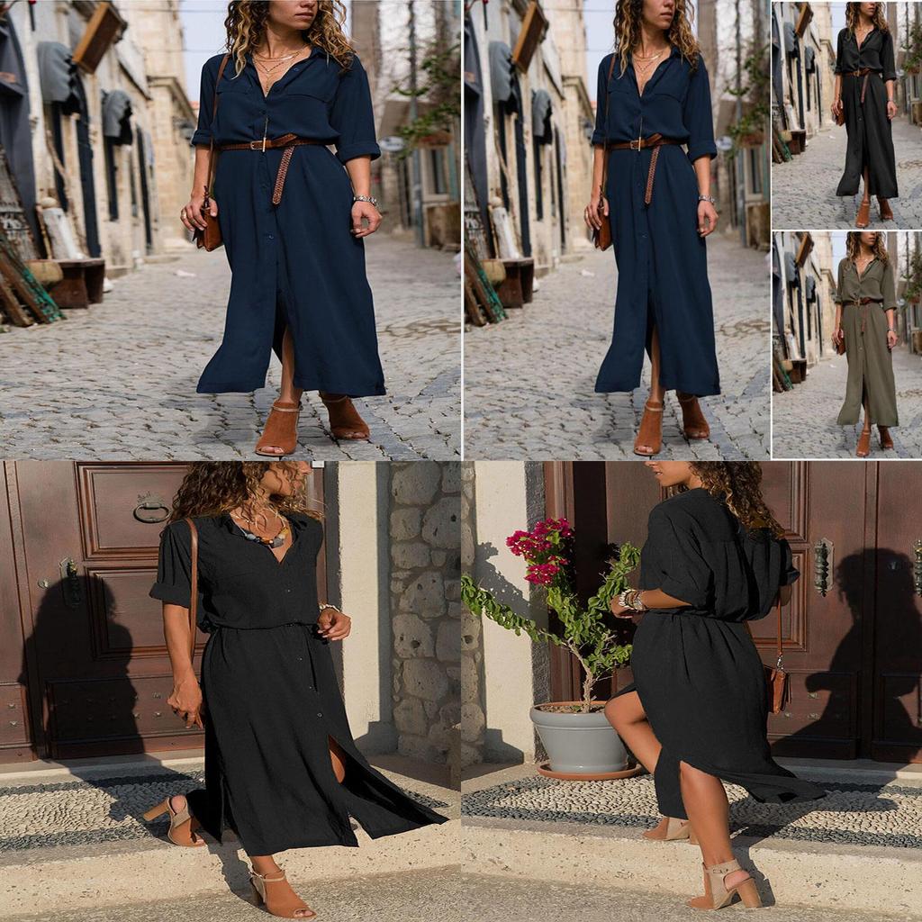 Elegante Abito Camicia da Donna con Bottoni, Manica Lunga, Vestibilità Larga, Maxi Abito da Tè Oversize
