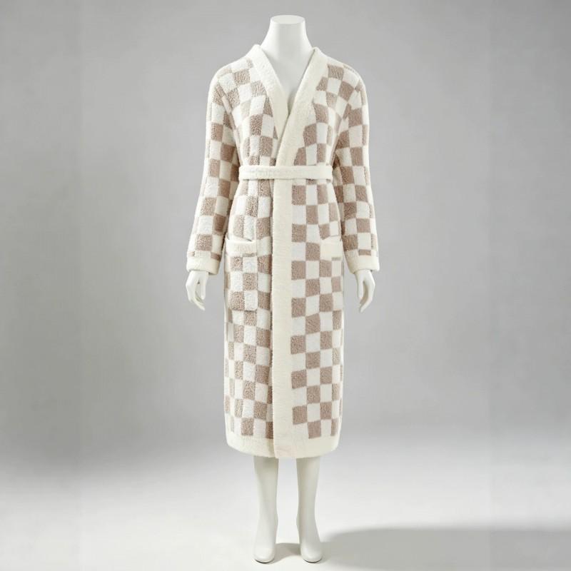 Thick Plaid Fleece Robe Women Long Sleeve V-Neck Hooded Sleepwear Cozy Home Lounge Wear Winter Fall