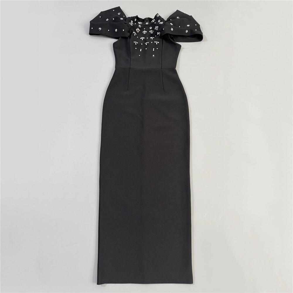 European-American Elegant Bandage Dress with Pleated Design and Rhinestone Accents