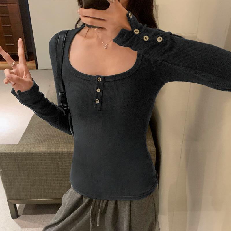 

Европейские товары квадратный воротник ниша высококачественная футболка с длинными рукавами женская новая осень и зима шикарный тонкий корпус внутри с базовым верхом XL