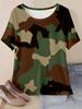 Women's Plus Size Camo Print Casual T-Shirt, Crew Neck, Allover Print