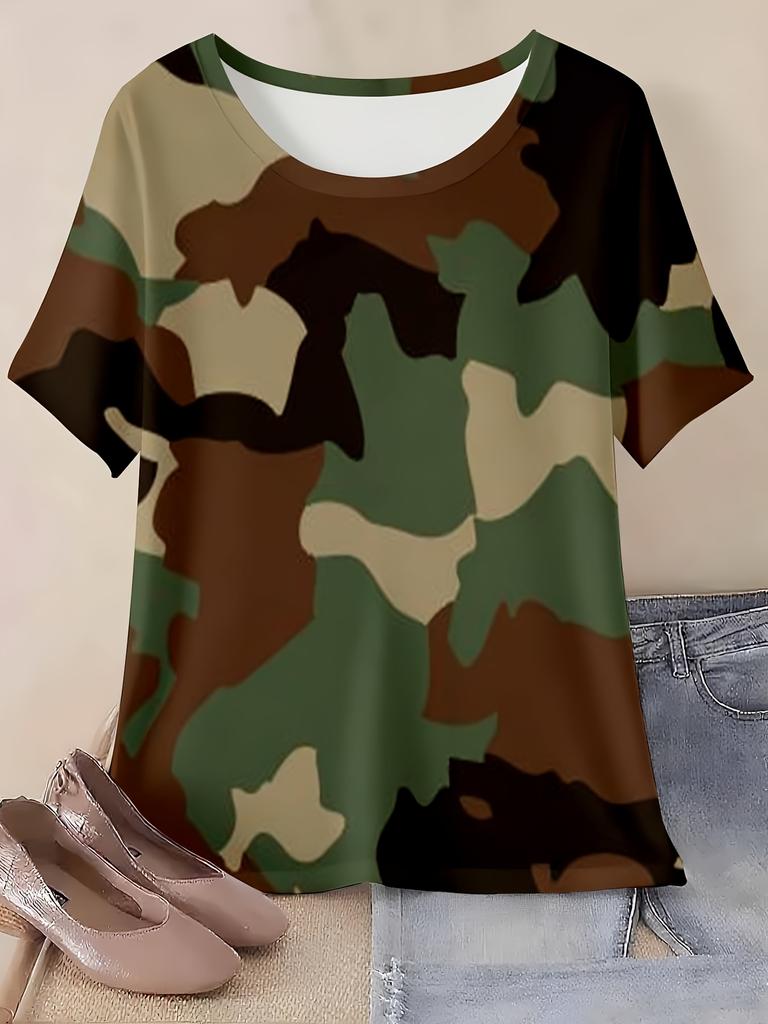 Women's Plus Size Camo Print Casual T-Shirt, Crew Neck, Allover Print